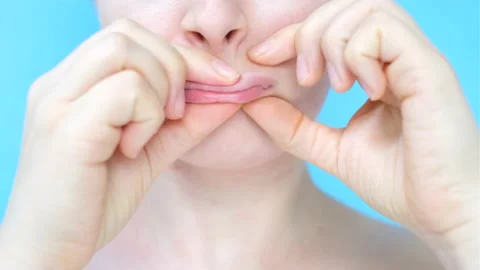 Female hands do self-massage of the face close-up on blue background. Stock Footage 169515274