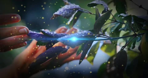 Female hands entering frame and cradling leaf, activating blue spark and Stock Footage 332289105