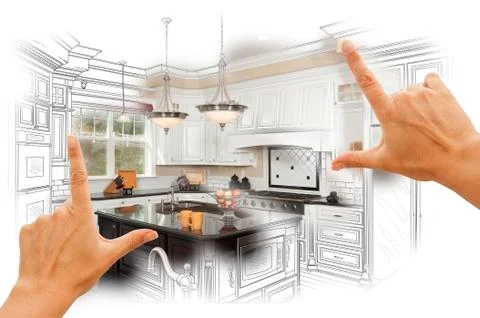 Female Hands Framing Custom Kitchen Design Drawing and Photo Combination. Stock Illustration