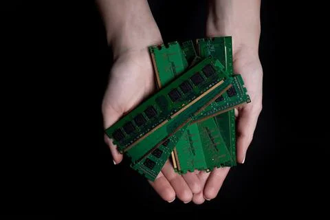 Female hands hold memory computer card . american woman wearing scientist uni Stock Photos