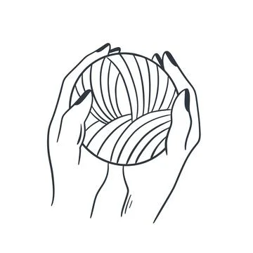 Female hands holding a ball of thread for knitting doodle sketch style isolated Stock Illustration