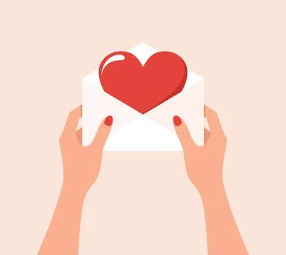 Female hands holding open envelope with big red heart inside Stock Illustration