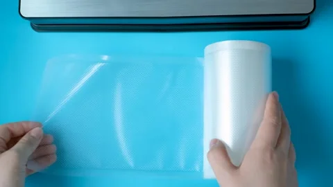 Female hands holding a roll of vacuum bags on a blue background close-up view Stock Footage 280532181