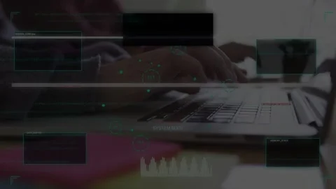 Female hands hovering then typing on laptop, starting tech boot HUD and loading Stock Footage 333774806