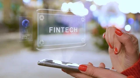 Female hands interact HUD hologram Fintech Stock Footage 123984553