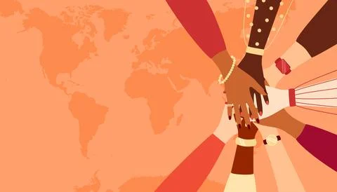 Female hands making a gesture of unity on a world map background Stock Illustration