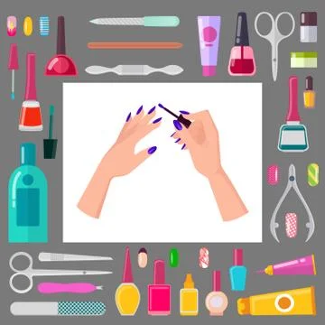 Female Hands with Manicure and Sharp Tools Set Stock Illustration