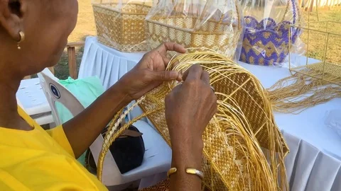 Female Hands Manually Weaving Wicker Basket Stock Footage 92458758