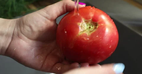 Female hands with multi-colored nails wash tomato Stock Footage 133833863