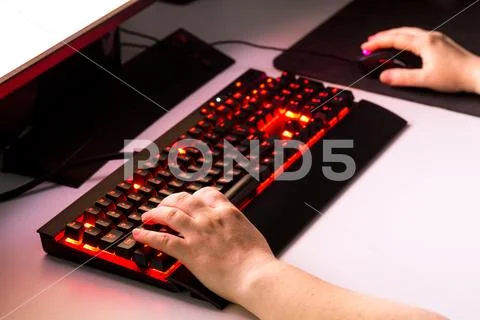 Female hands playing computer game with gaming gear. Stock Photos