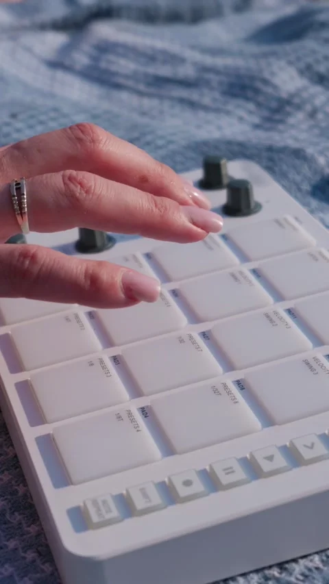 Female Hands Playing White Midi Pad Controller Outdoors in Park Stock Footage 342771764