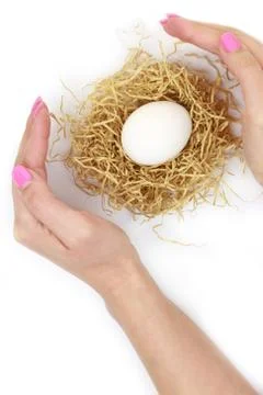 Female hands protecting egg inside nest isolated on white Stock Photos
