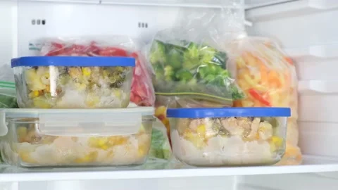 Female Hands pulls glass containers in the fridge. Frozen vegetables Stock Footage 146030131