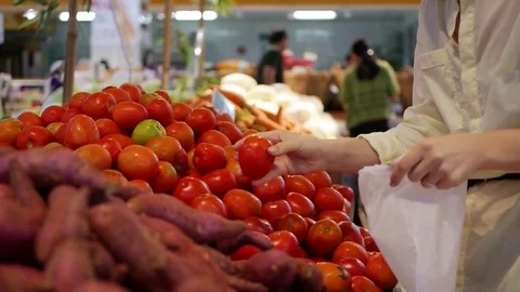 Female hands puts tomatoes in a package in the supermarket Stock Footage 81648859