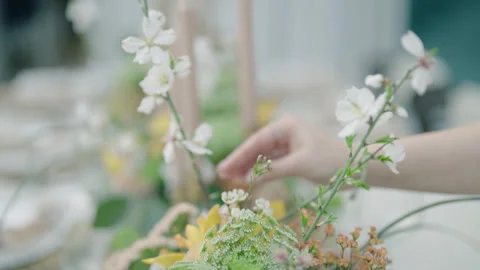 Female hands setting up dinner table with candles and flowers Stock Footage 289985208