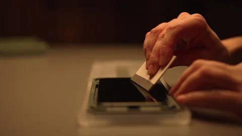 Female hands skillfully using bubble-free glass screen application after Stock Footage 304887931