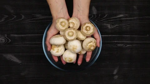 Female hands stack peeled mushrooms in a transparent glass bowl for cutting as p Stock Footage 107508910