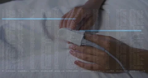 Female hands tapping smartphone on white bed sheet, displaying animated database Stock Footage 329924615