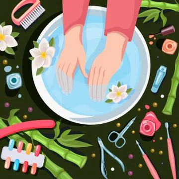 Female hands, top view vector illustration. Spa procedures, manicure and rela Stock Illustration