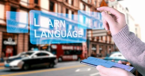 Female hands touch the HUD screen with the text Learn language for internet. Video stock 122544786
