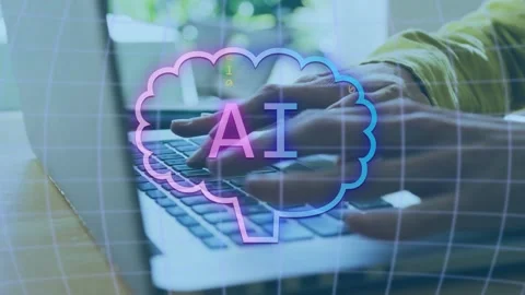 Female hands typing at desk by window, causing AI brain and chat bubbles Stock Footage 335316687
