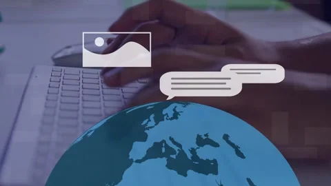 Female hands typing, moving mouse on white keyboard, initiating globe, bubbles, Stock Footage 334883878