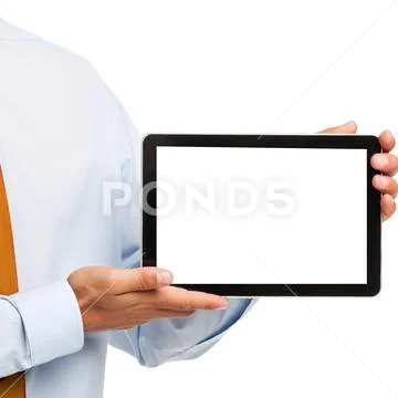 Female hands use black tablet with blank touch screen Stock Photos