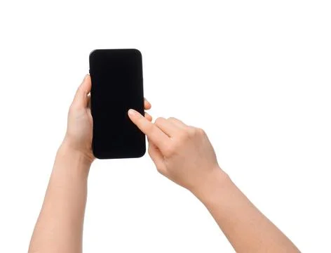 Female hands using blank mobile phone on white background Stock Photos
