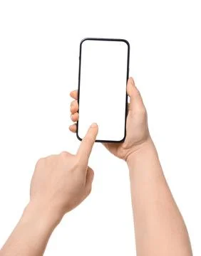Female hands using blank mobile phone on white background Stock Photos