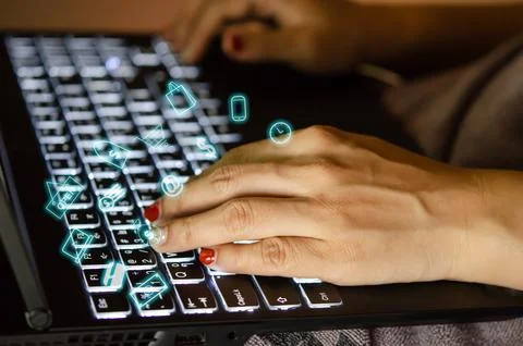 Female hands using keyboard computer Stock Photos