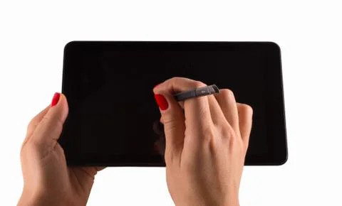 Female hands using tablet pc isolated Stock Photos