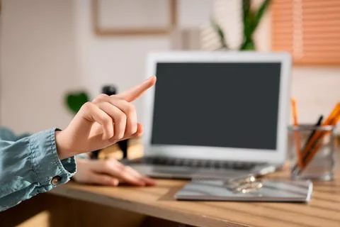 Female hands using virtual screen in office, closeup. Customer experience con Stock Photos