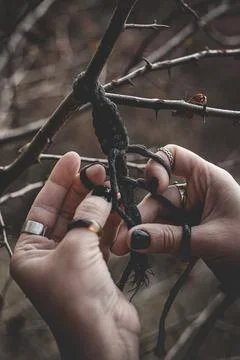 Female hands weaving a macrame braid on a tree branch Foto stock