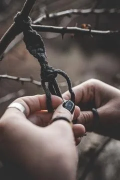 Female hands weaving a macrame braid on a tree branch Stock Photos