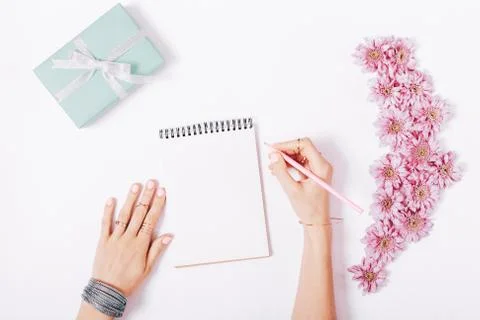 Female hands write in a notebook Stock Photos