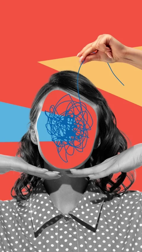 Female head silhouette with tangled string over multicolored background. Tangled Stock Footage 270300295