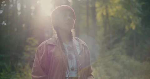 Female Hiker Using Binocular Standing In Woods Stock Footage 252018695