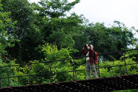 Female Hiker Using Binoculars On Rustic Suspension Bridge In Lush Forest Mi.. Foto stock
