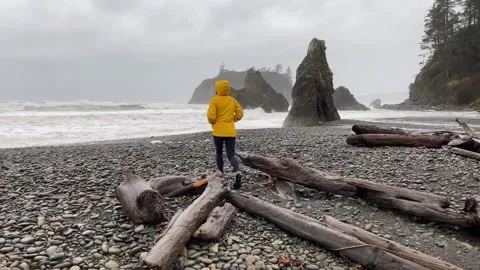 Female hiking at Ruby Beach on The Olympic Coast Stock Footage 241886927