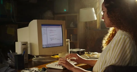 Female Hispanic Programmer Using Computer In Retro Garage Stock Footage 255998952