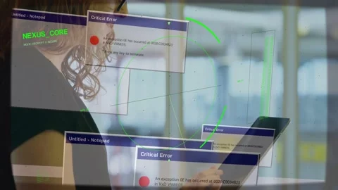 Female holding tablet in tech office, receiving error dialogs and HUDs while Stock Footage 333300701