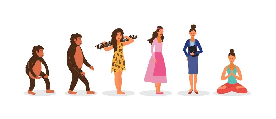 Female human evolution chain from monkey to yoga and meditation lover. Stock Illustration