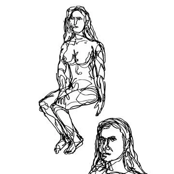 Female Human Figure Model Posing and Sitting in the Nude Viewed from Front Do Illustrazione stock