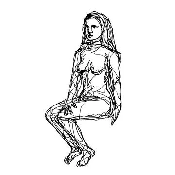 Female Human Figure Model Posing and Sitting in the Nude Viewed from Front Do Stock Illustration