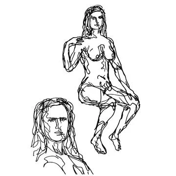 Female Human Figure Model Posing and Sitting in the Nude Viewed from Front... Stock Photos