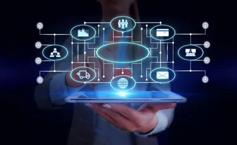 Female human presenting a presentation using the latest sophisticated devices 写真素材