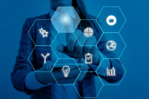 Female human presenting a presentation using the latest sophisticated devices 写真素材