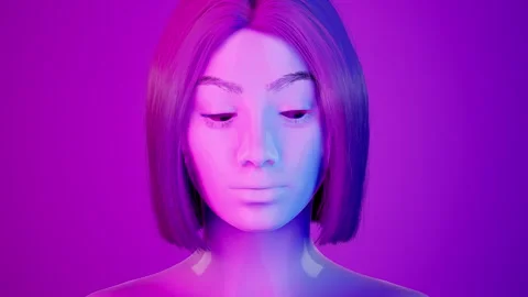 Female hyper-realistic robot or cyborg in studio with neon light. Artificial Stock Footage 243903419