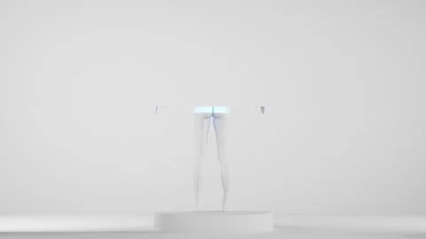 Female hyper-realistic robot or cyborg turn around in studio with podium Stock Footage 243928937