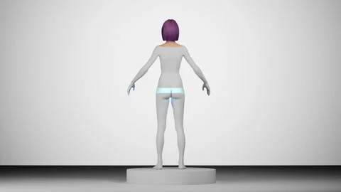 Female hyper-realistic robot or cyborg turn around in studio with podium Stock Footage 244302552